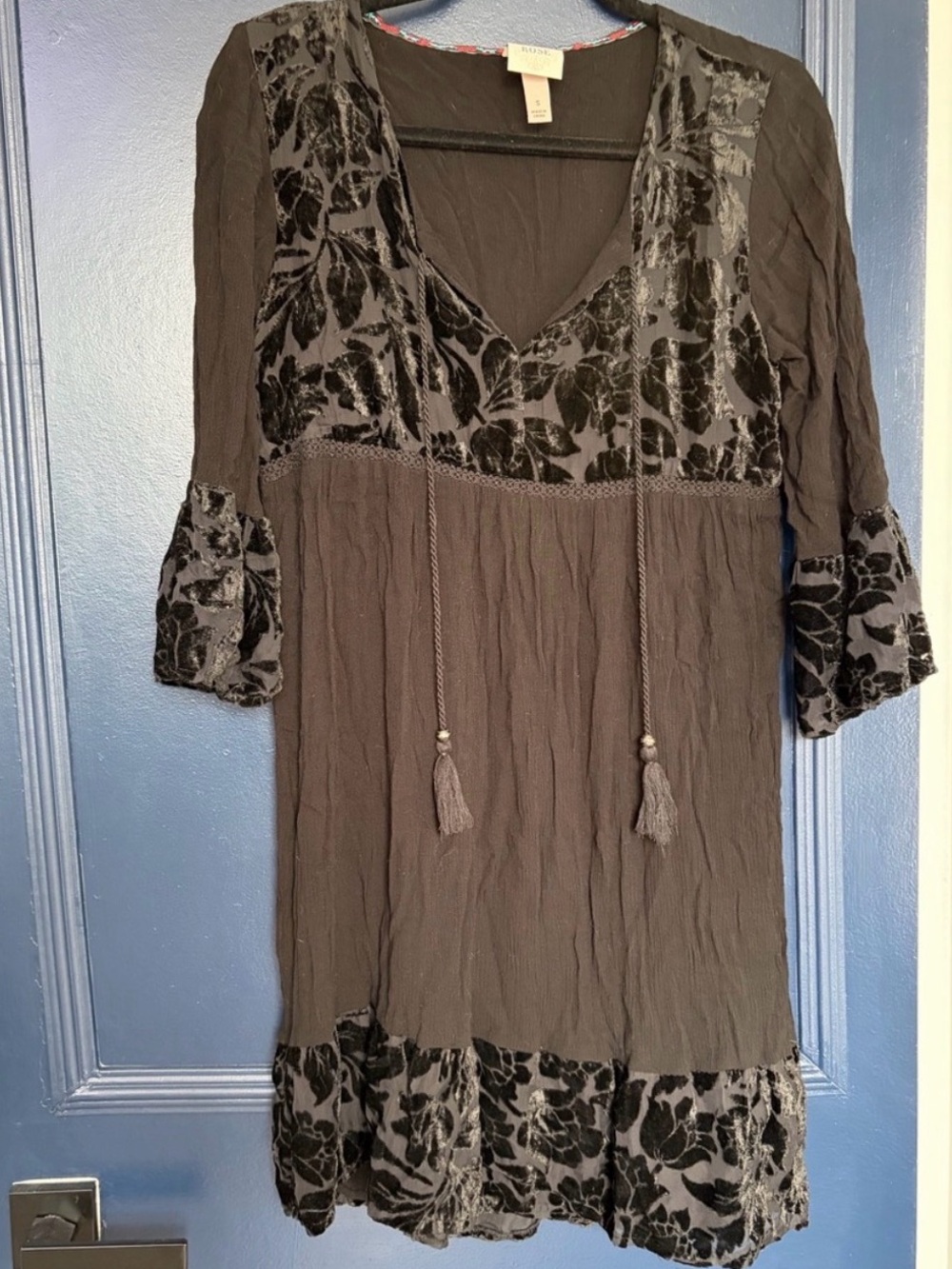 Knox Rose Velvet Burnout Floral Black Boho Mini Dress Size S